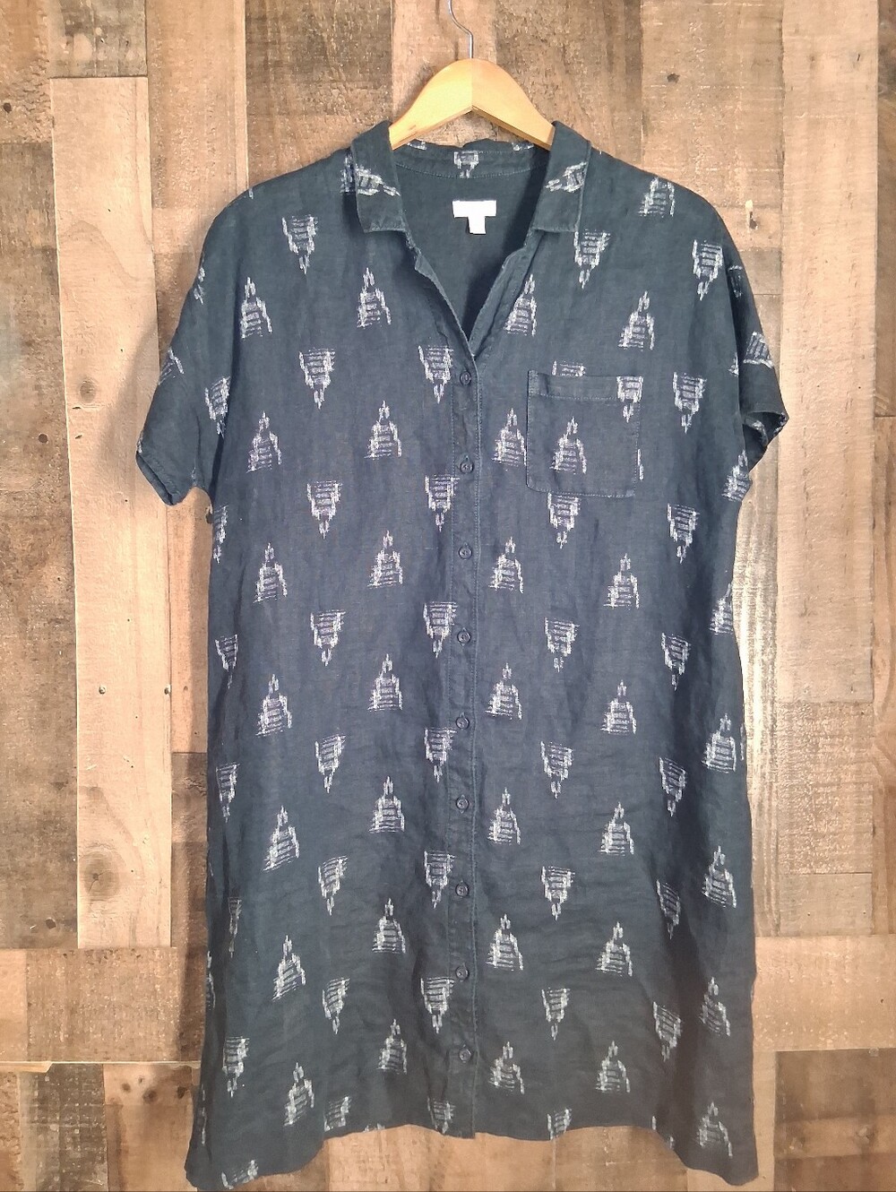 Garnet Hill Linen Shirt Dress Womens Button Front Size Large Blue Printed